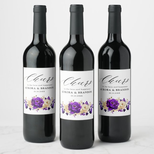 Royal Purple Violet Gold Floral Botanical Wedding Wine Label (Bottles)