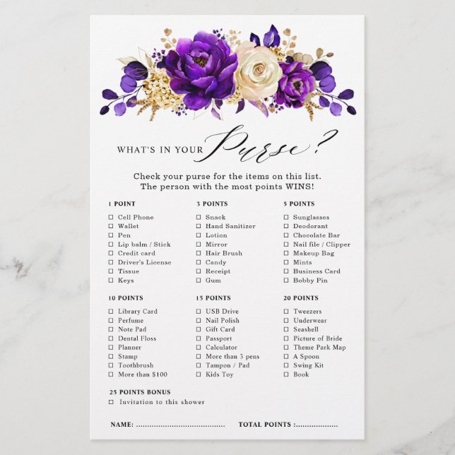 Royal Purple Violet Gold Floral Bridal Shower Game (Front)