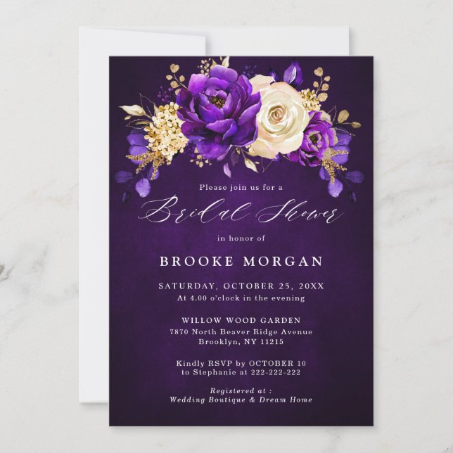 Royal Purple Violet Gold Floral  Bridal Shower Inv Invitation (Front)