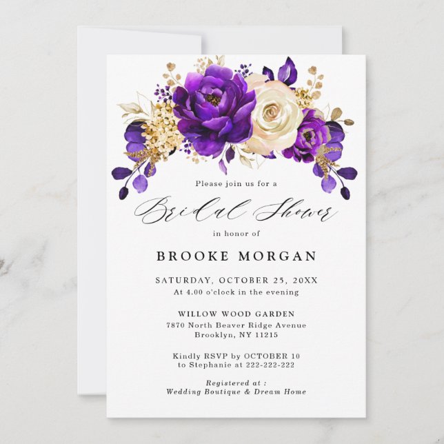 Royal Purple Violet Gold Floral  Bridal Shower Invitation (Front)