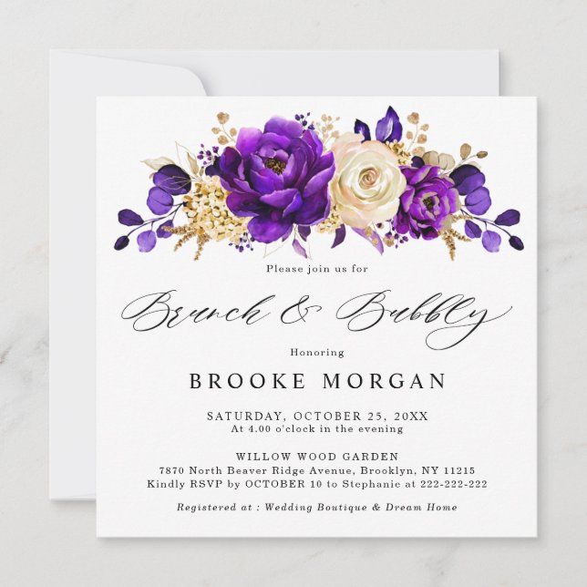 Royal Purple Violet Gold Floral Bridal Shower Invitation (Front)