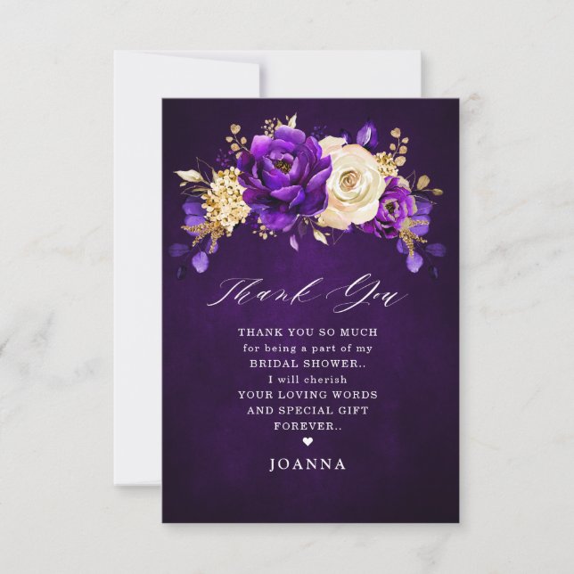 Royal Purple Violet Gold Floral Bridal Shower Than Thank You Card (Front)