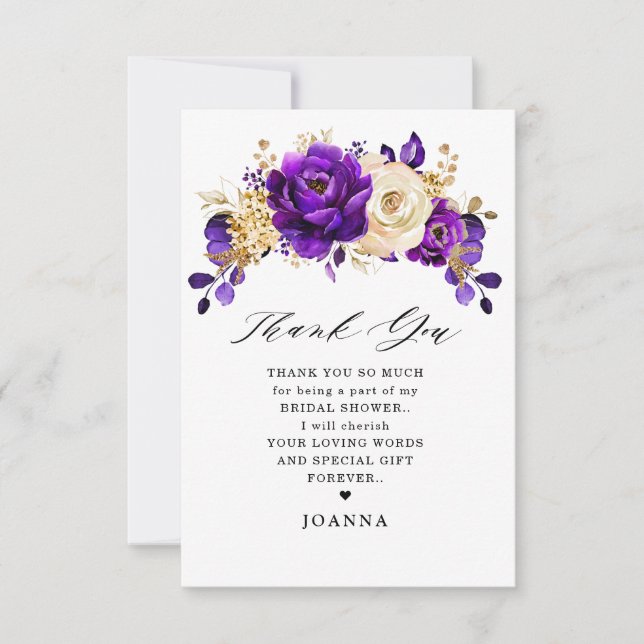 Royal Purple Violet Gold Floral Bridal Shower Thank You Card (Front)