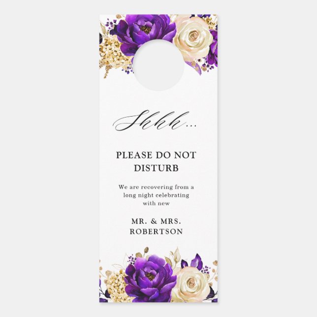Royal Purple Violet Gold Floral  Do Not Disturb Door Hanger (Front)