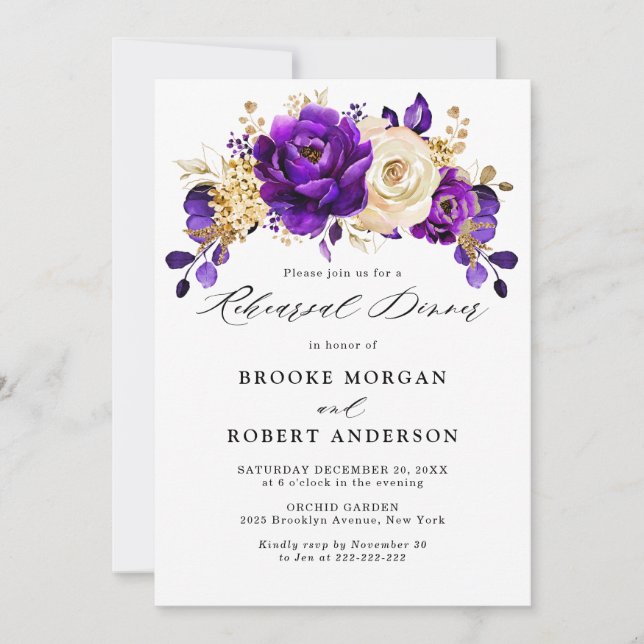 Royal Purple Violet Gold Floral Rehearsal Dinner Invitation (Front)