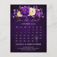 Royal Purple Violet Gold Floral Save the date Post