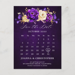 Royal Purple Violet Gold Floral Save the date Post Postcard