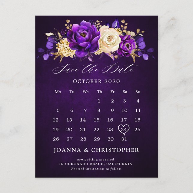 Royal Purple Violet Gold Floral Save the date Post Postcard (Front)