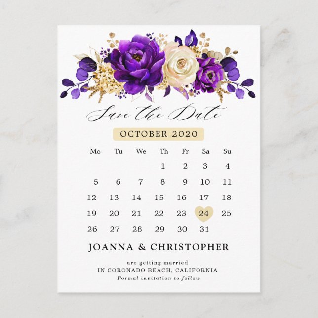 Royal Purple Violet Gold Floral Save the date Postcard (Front)