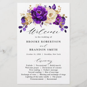 Royal Purple Violet Gold Floral  Wedding  Program
