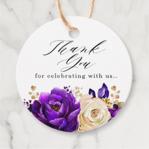 Royal Purple Violet Gold Floral Wedding Thank you Favour Tags