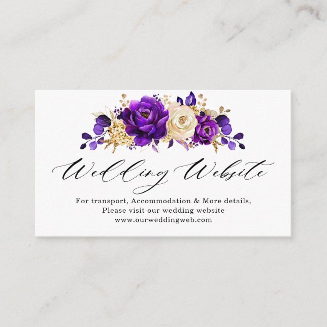 Royal Purple Violet Gold Floral Wedding Website  Enclosure Card (Front)