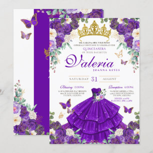 Royal Purple Violet Rose Butterfly Princess Quince Invitation