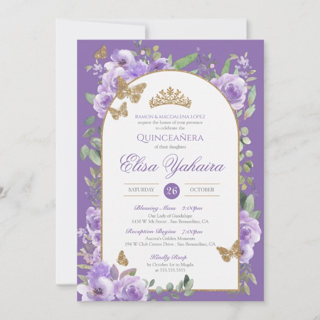 Royal Purple Watercolor Golden Butterfly Quince Invitation (Front)