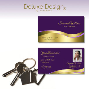 Royal Purple Wavy Gold Decor with Photo Elegant Business Card