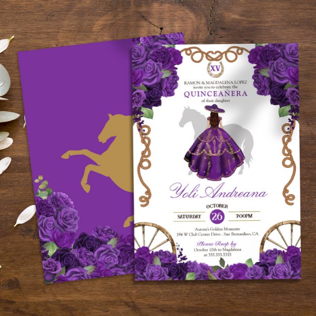 Royal Purple Western Charro Floral Quinceanera  Invitation (Creator Uploaded)