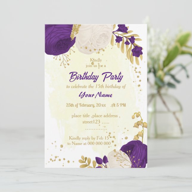 royal purple white flowers gold  birthday party invitation (Standing Front)