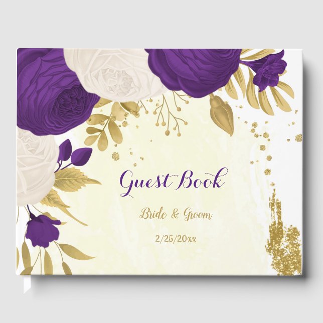 royal purple & white flowers gold botanical  guest book (Front)