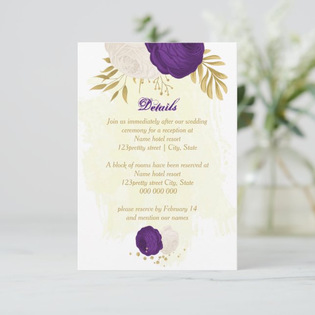 royal purple white flowers gold botanical wedding enclosure card (Standing Front)