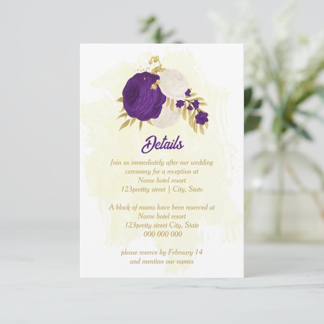 royal purple white flowers gold botanical wedding enclosure card (Standing Front)
