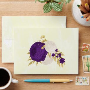royal purple white flowers gold botanical wedding envelope