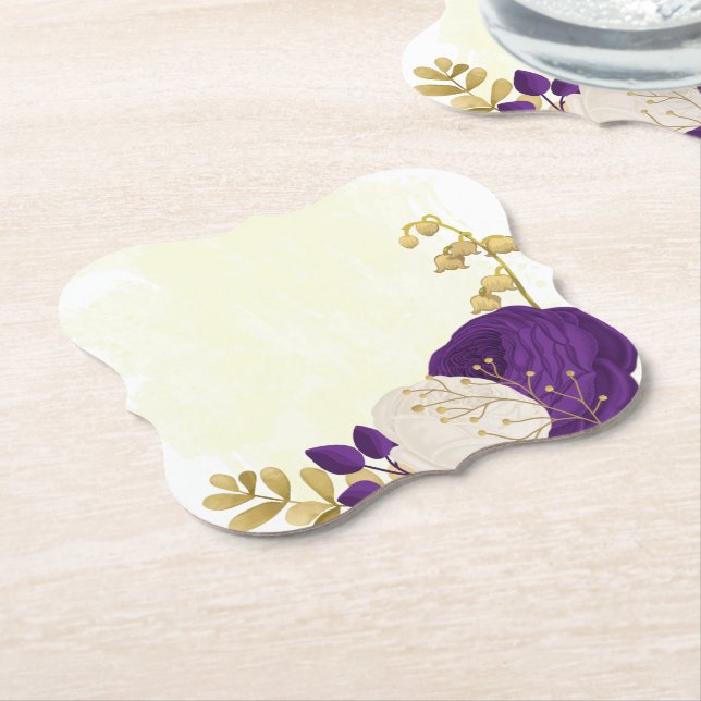 royal purple & white flowers gold paper coaster (Angled)