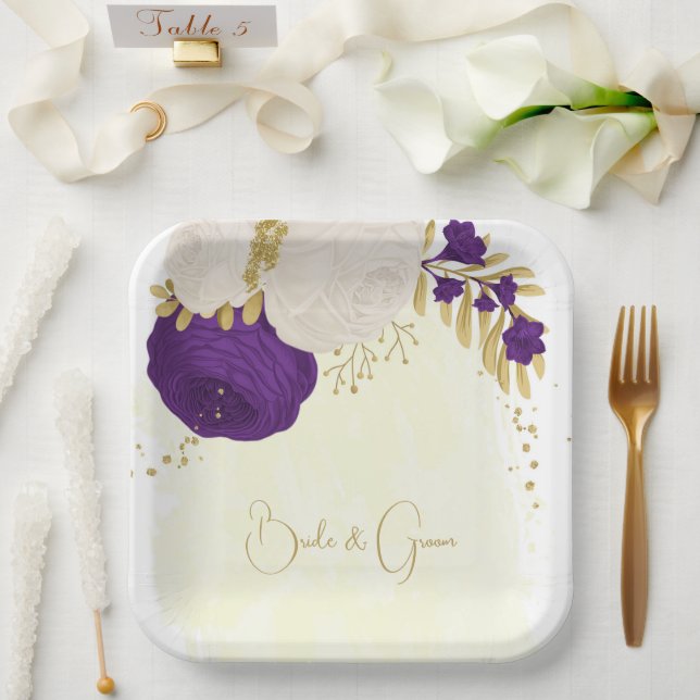 royal purple & white flowers gold paper plate (Wedding)