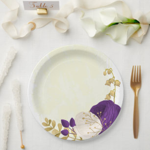 royal purple & white flowers gold paper plate