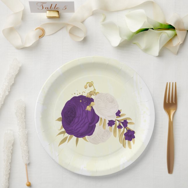 royal purple & white flowers gold  paper plate (Wedding)