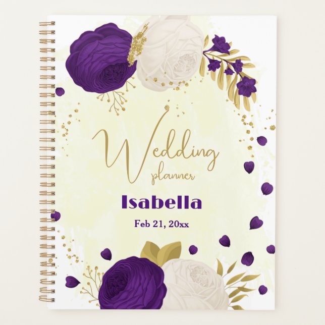 royal purple white flowers gold planner (Front)