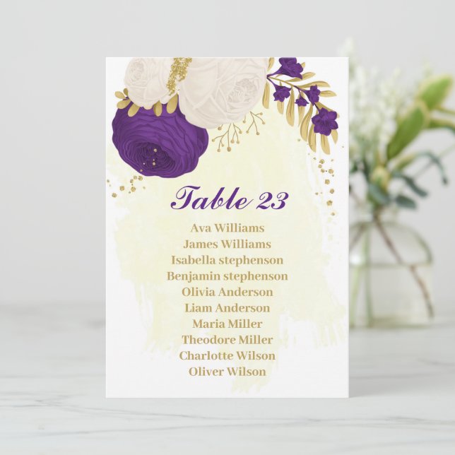 royal purple white flowers gold seating chart card (Standing Front)