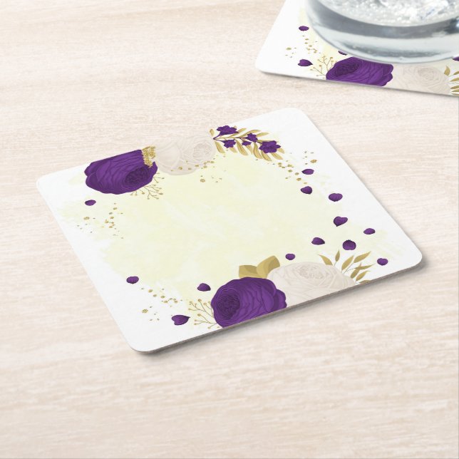 royal purple & white flowers gold square paper coaster (Angled)