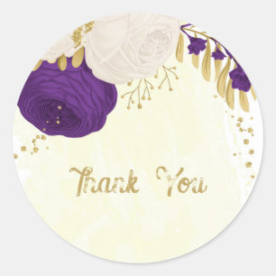 royal purple & white flowers gold thank you classic round sticker