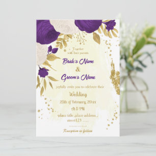 royal purple white flowers gold wedding invitation