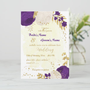 royal purple white flowers gold wedding invitation