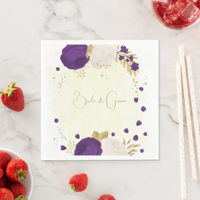 royal purple & white flowers gold wedding napkin (Insitu)