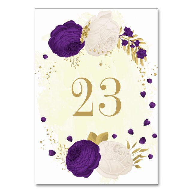 royal purple white flowers gold wedding table number (Front)