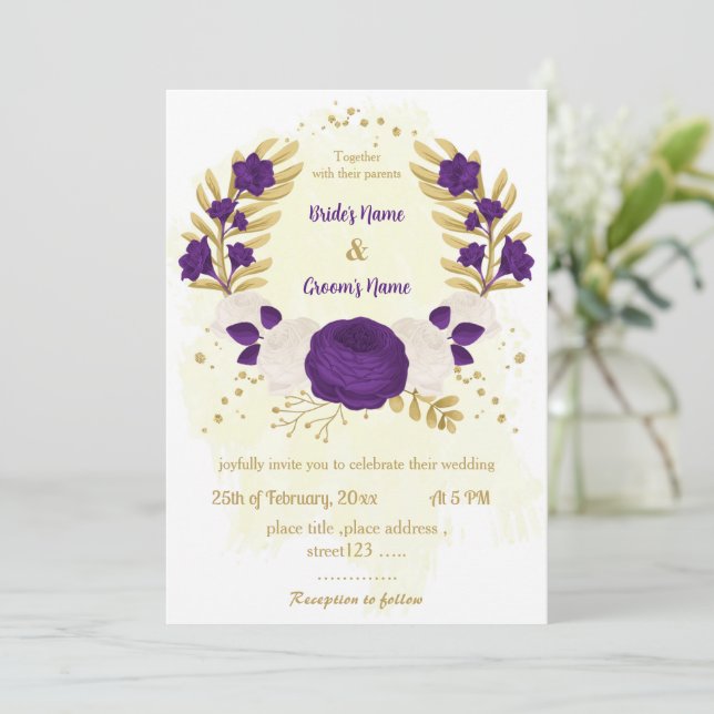 royal purple white flowers gold wreath wedding  invitation (Standing Front)
