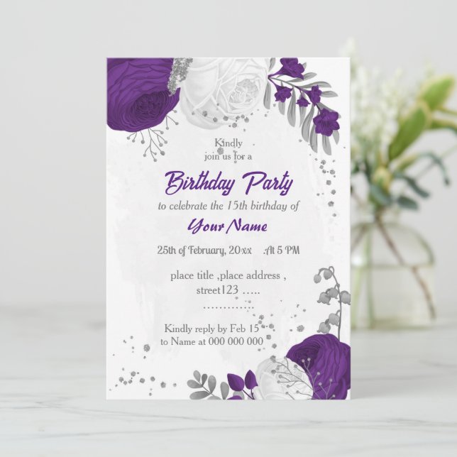 royal purple white flowers silver birthday party invitation (Standing Front)