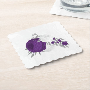 royal purple & white flowers silver paper coaster