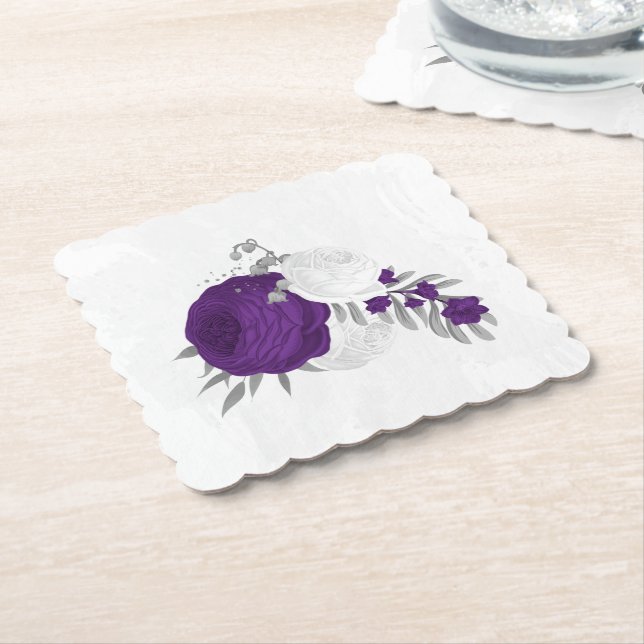 royal purple & white flowers silver  paper coaster (Angled)
