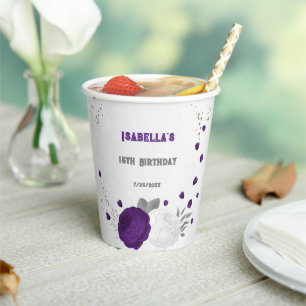 royal purple & white flowers silver paper cups