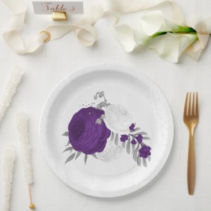 royal purple & white flowers silver paper plate
