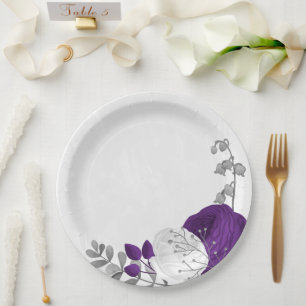 royal purple & white flowers silver paper plate