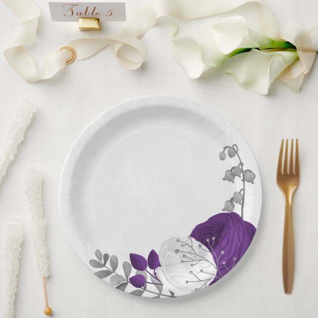 royal purple & white flowers silver paper plate (Wedding)