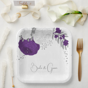 royal purple & white flowers silver paper plates
