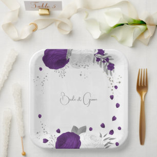 royal purple & white flowers silver paper plates
