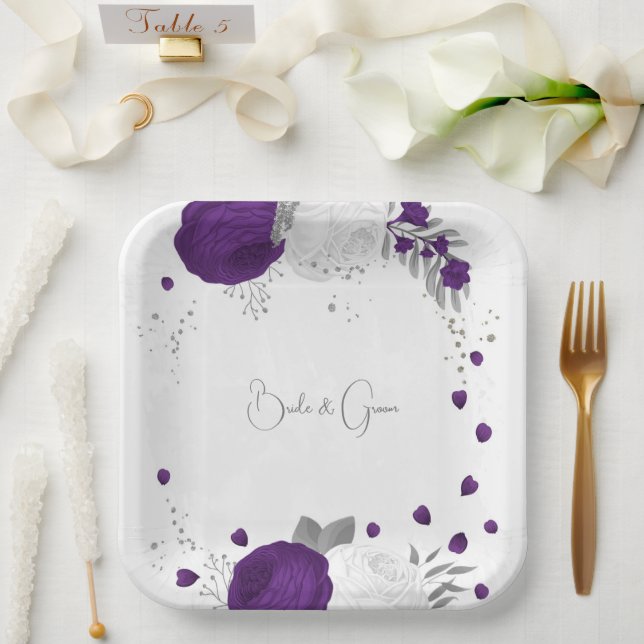 royal purple & white flowers silver paper plates (Wedding)