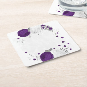 royal purple & white flowers silver square paper coaster