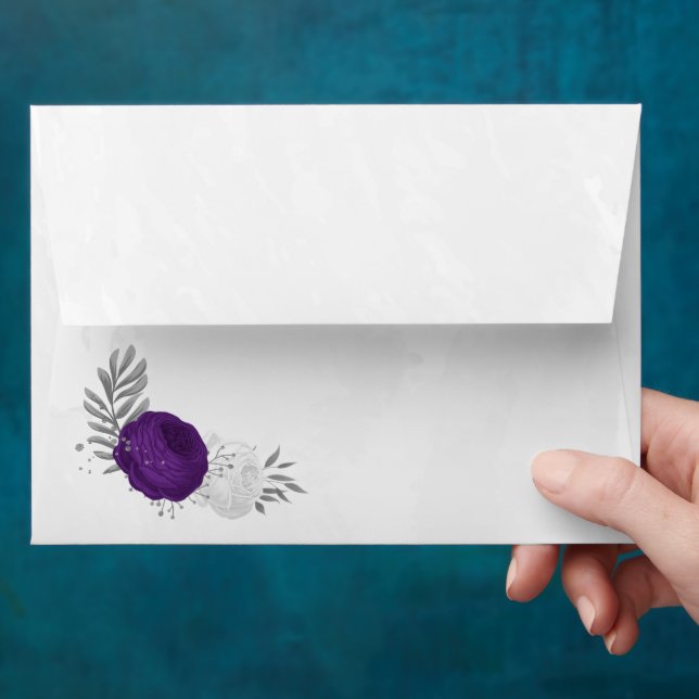 royal purple & white flowers silver wedding envelope (Hand)